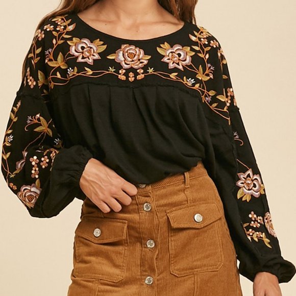 NEW Black Floral Embroidered Pleat BOHO Blouse Top - Picture 10 of 12